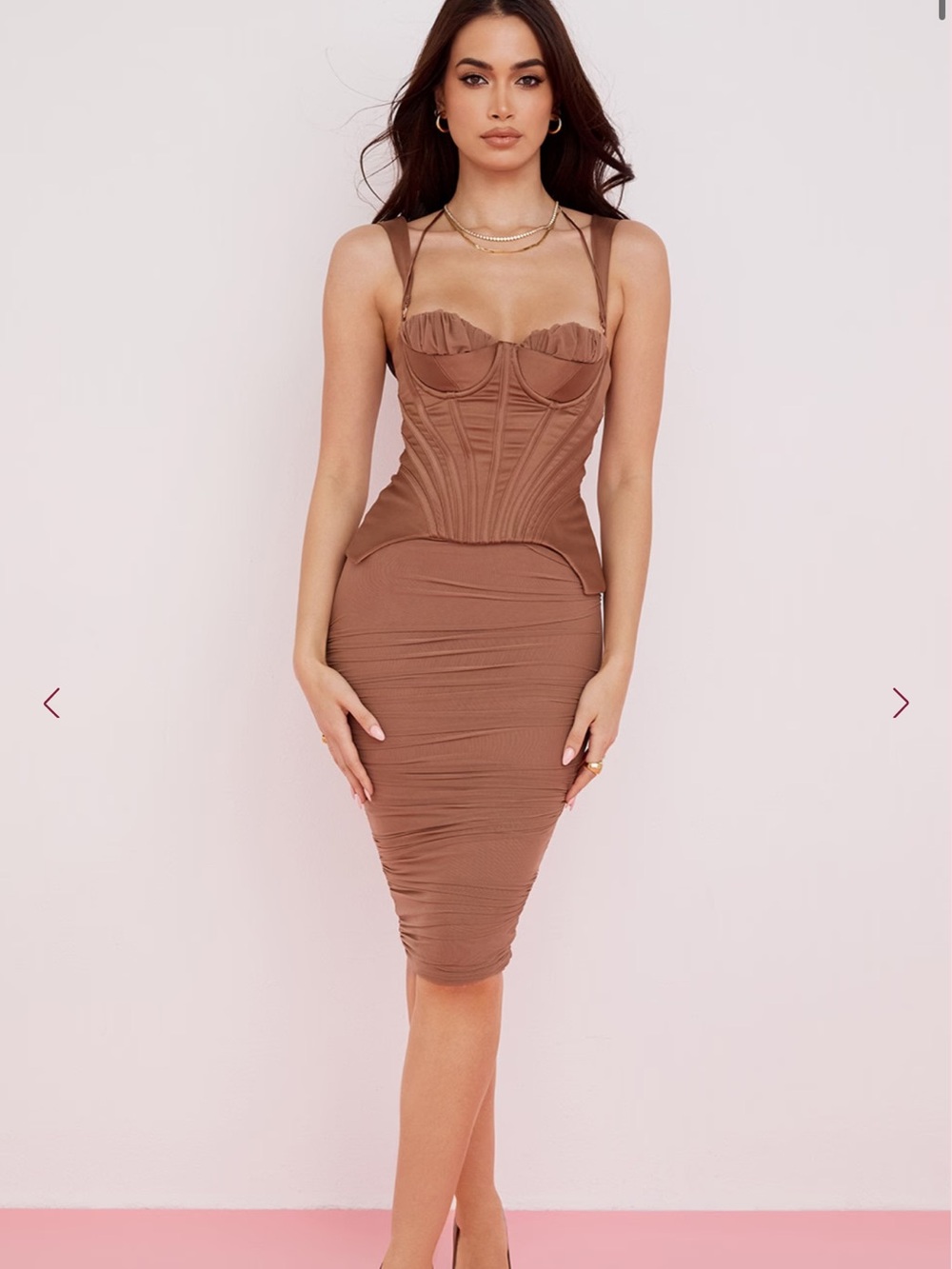 House of CB Brown Satin Corset Midi Dress
